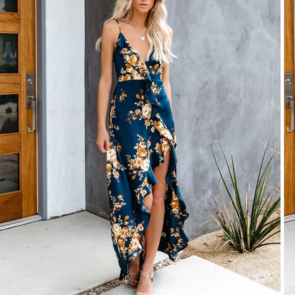 Vici satin floral ruffle maxi dress
